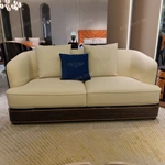 Beige Leather Sofa Set with Dark Natural Wood Veneer & Gold Stainless Steel Trim